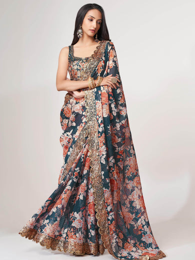Fascinating Dove Blue Floral Printed Organza Events Wear Saree With Blouse